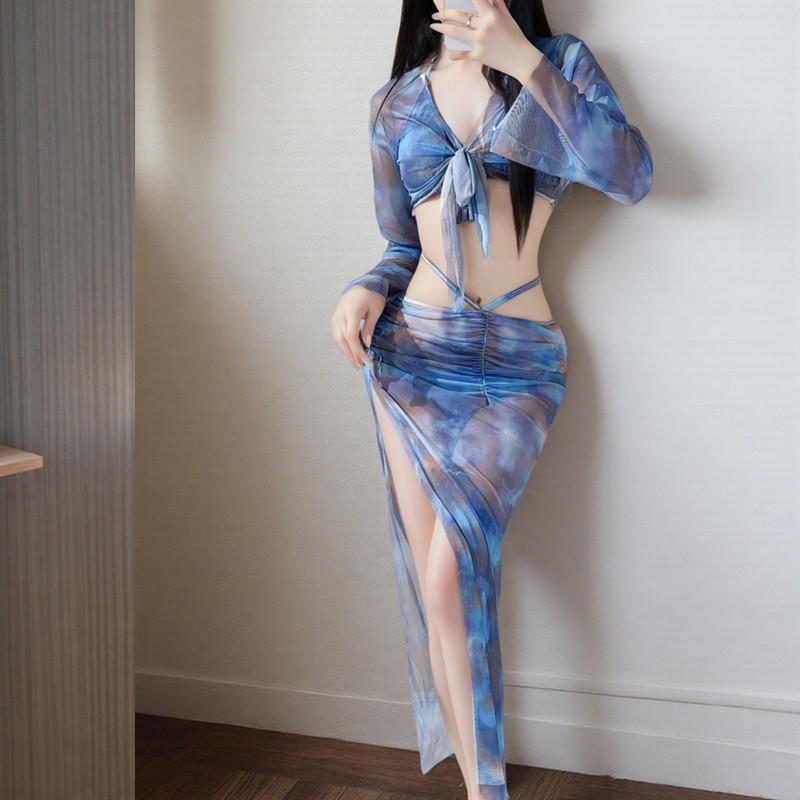 Tie-dye bikini s dugim rukavima za zaštitu od sunca, seksi četverodijelni set s odvojivim gornjim dijelom i donjim dijelom, dugačka plažna suknja, ženski kupaći kostim u europsko-američkom stilu