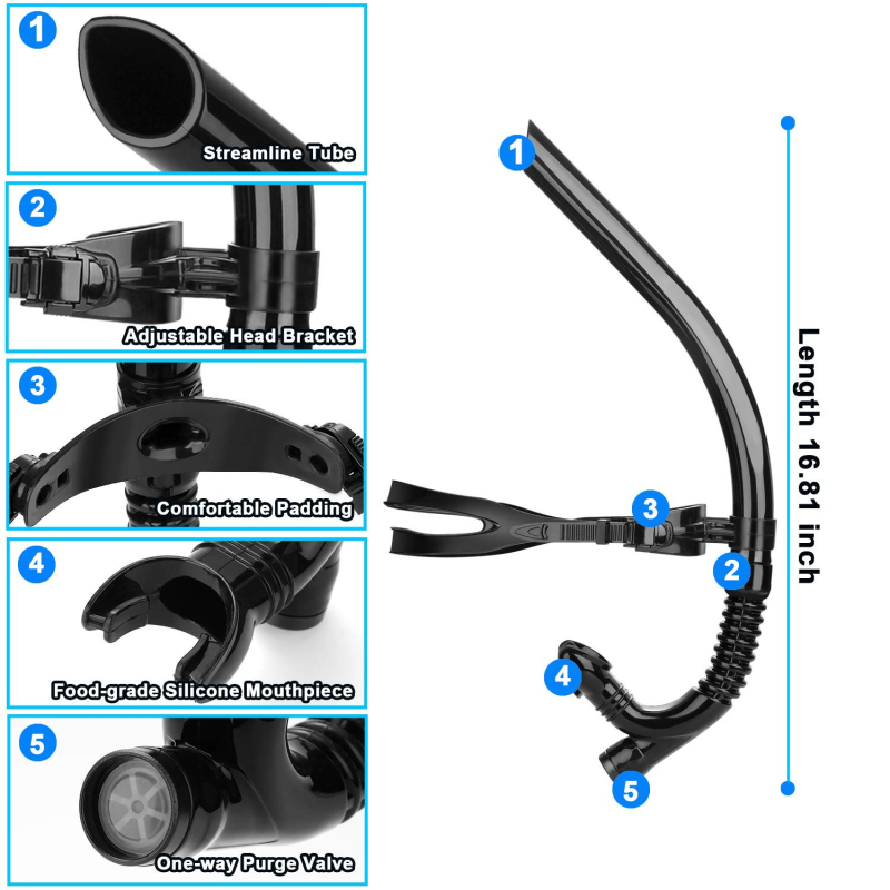Prednji ugrađeni snorkel za odrasle, trening snorkel od tekućeg silikona, materijali PVC/Silikon/PC, CE potvrda