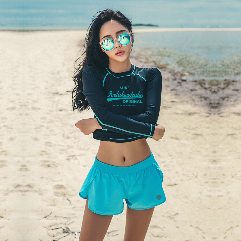 Ice Lake Whale costum de baie pentru femei din două piese cu mâneci lungi, uscare rapidă, protecție UV, 50% nylon, stil briefs, pernă pentru bust fără suport metalic