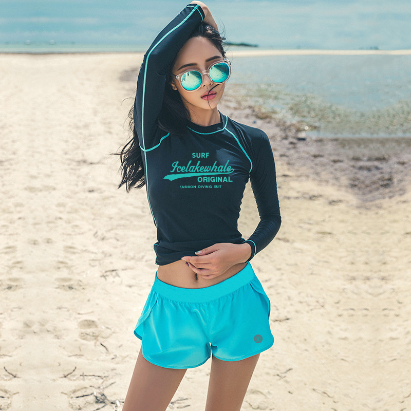 Ice Lake Whale costum de baie pentru femei din două piese cu mâneci lungi, uscare rapidă, protecție UV, 50% nylon, stil briefs, pernă pentru bust fără suport metalic
