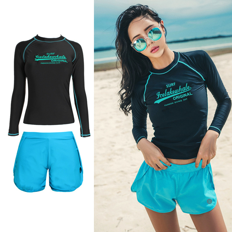 Ice Lake Whale costum de baie pentru femei din două piese cu mâneci lungi, uscare rapidă, protecție UV, 50% nylon, stil briefs, pernă pentru bust fără suport metalic