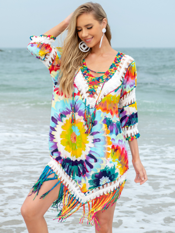 Žensko plažno pokrivalo za bikini s UV zaštitom; tkanina: rayon + ručno kukičana vunena niti; sadržaj pamuka 65%; težina 240 g; podstava: poliester (35%); stil: plažni set za par