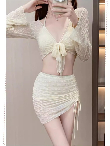Set bikini din trei piese, stil coreean, cu bureți pentru bust, fără mâneci, din poliester