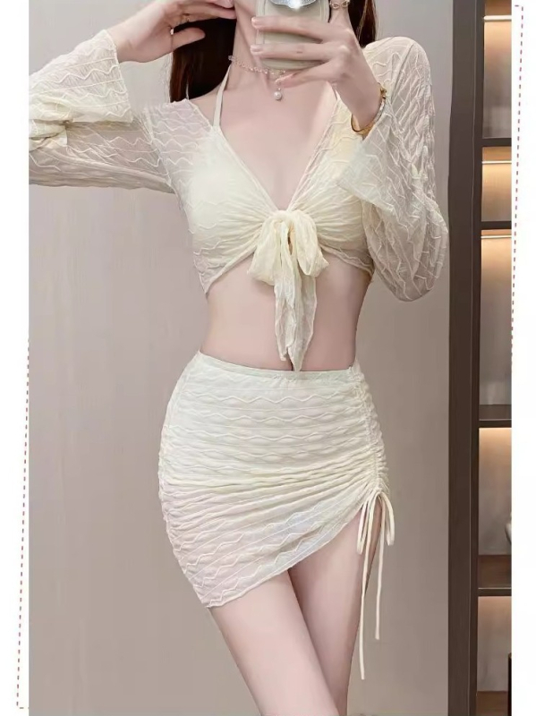 Set bikini din trei piese, stil coreean, cu bureți pentru bust, fără mâneci, din poliester