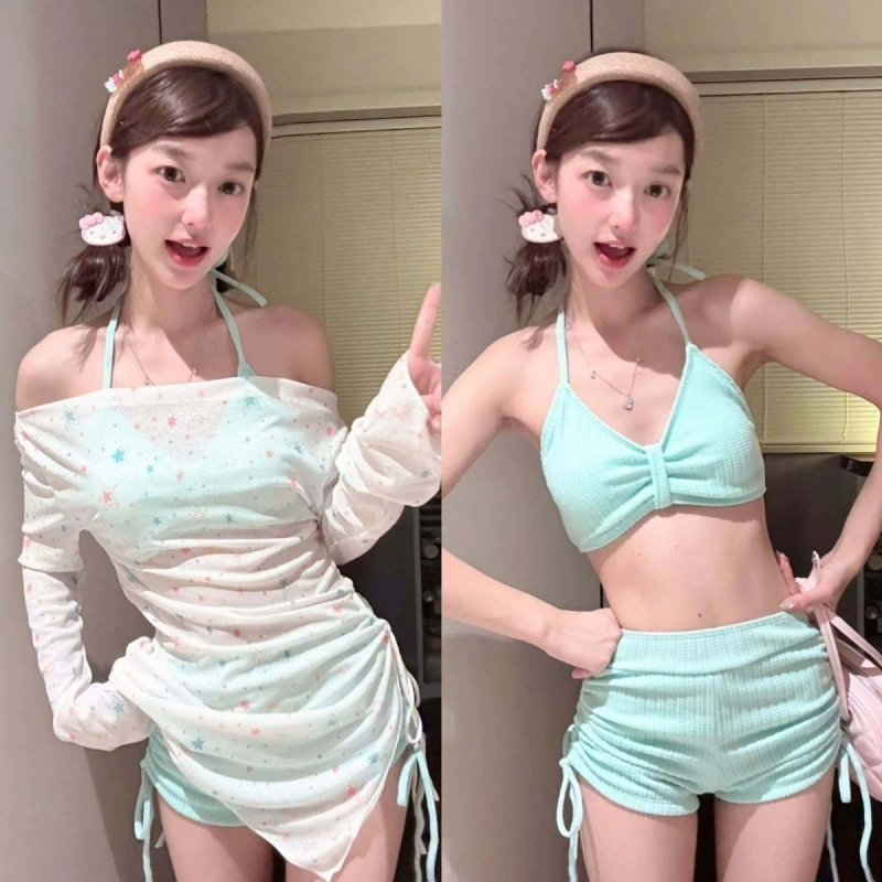 Set de bikini trei piese, cu strat exterior de protecție solară, sutien cu burete, uscare rapidă, elasticitate ridicată