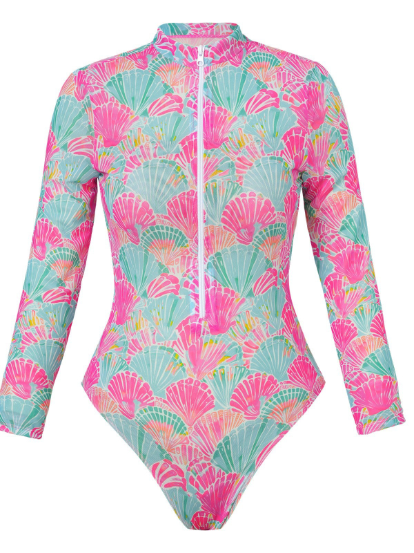 Costum de baie pentru femei, întreg, cu mâneci lungi, fermoar cu protecție UV, bureți pentru bust, poliester, elasticitate înaltă