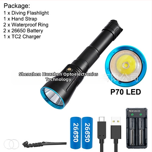 Potápačská LED baterka SST70/XHP70 LED, dvojité použitie – voda a zem, zobrazenie výkonu, telo z hliníkovej zliatiny