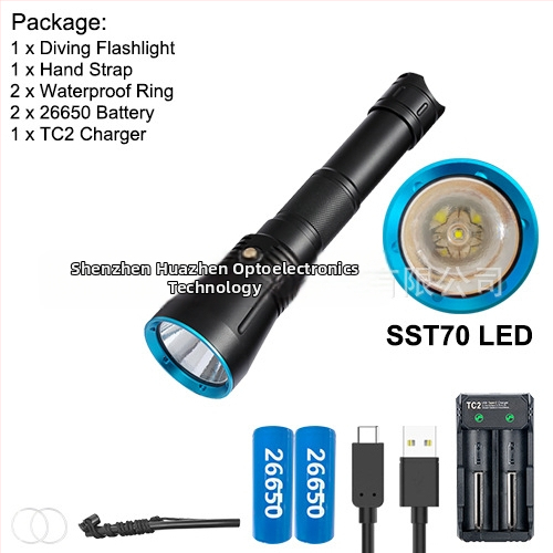 Potápačská LED baterka SST70/XHP70 LED, dvojité použitie – voda a zem, zobrazenie výkonu, telo z hliníkovej zliatiny