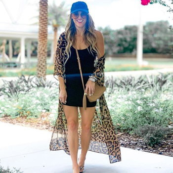 Leopard uzorka šifon plaža kardigan za plažu, dugačak, ležeran kroj, zaštita od sunca; Materijal: šifon; Sastav: 100% poliester; Podstava: poliester; Težina: 168 g