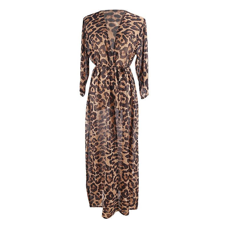 Leopard uzorka šifon plaža kardigan za plažu, dugačak, ležeran kroj, zaštita od sunca; Materijal: šifon; Sastav: 100% poliester; Podstava: poliester; Težina: 168 g