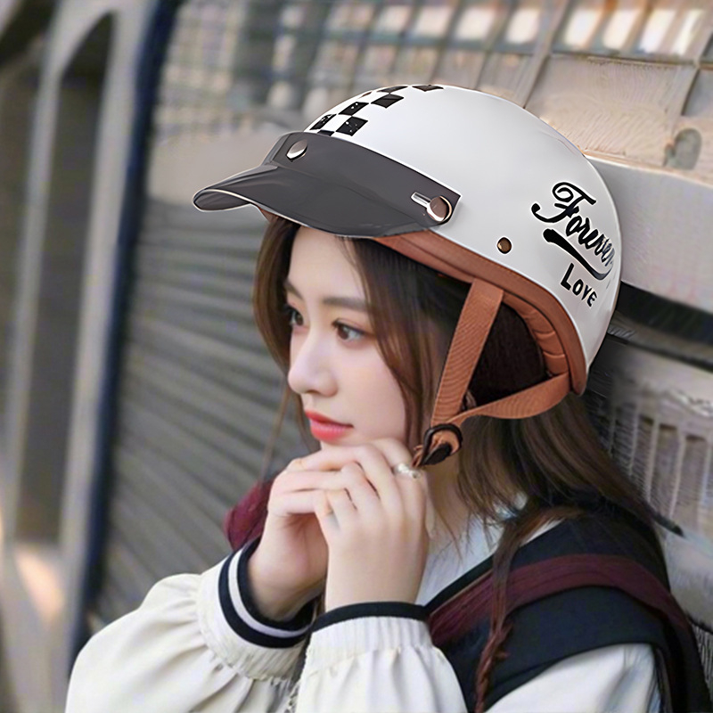 Retro motorkerékpár fél sisak háromgombos karimával, PC héj, vizor eső és nap elleni védelem, univerzális illeszkedés