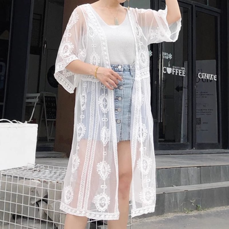 Cardigan brodat cu dantelă pentru femei, din bumbac, lungime 80–100 cm, croială lejeră, mâneci trei sferturi, închidere cu șiret