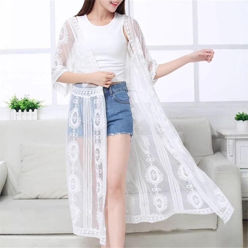 Cardigan brodat cu dantelă pentru femei, din bumbac, lungime 80–100 cm, croială lejeră, mâneci trei sferturi, închidere cu șiret