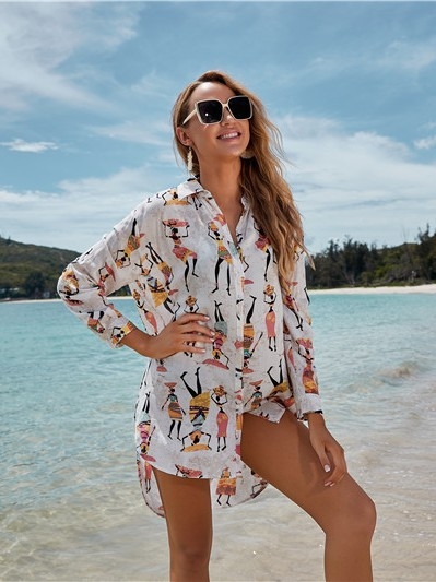 Pamukasti košuljni plažni prehoz s karikaturnim printom, žensko kupanje, 95–100% pamuk, 230 g/m2, podstava od umjetne pamuka, pogodno za plivanje i plažu