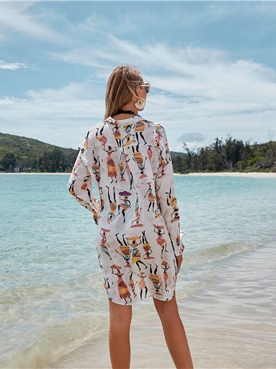 Pamukasti košuljni plažni prehoz s karikaturnim printom, žensko kupanje, 95–100% pamuk, 230 g/m2, podstava od umjetne pamuka, pogodno za plivanje i plažu