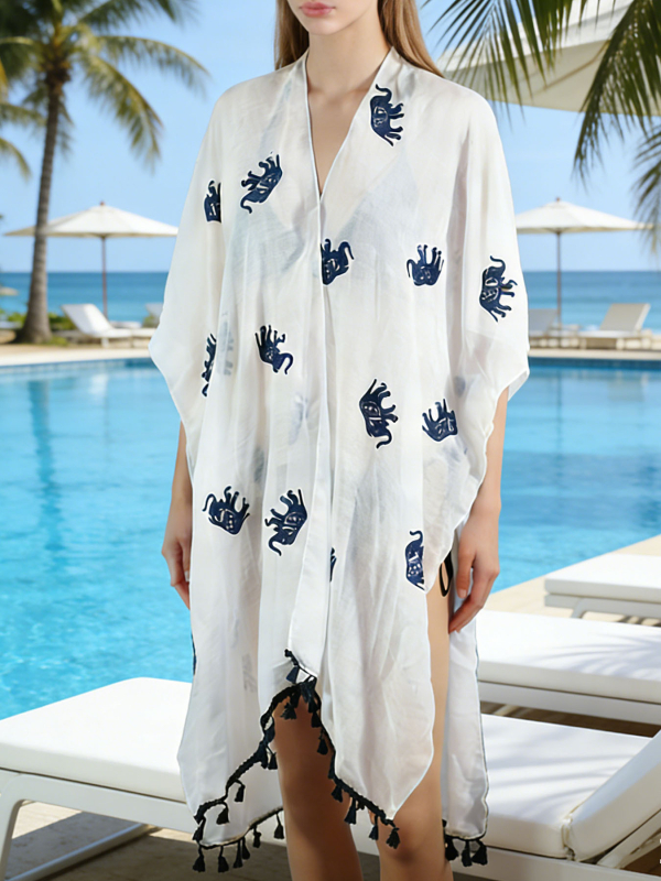 Slobodan plažni cover-up top od rayon materijala, poluprozirni, s resastim donjim rubom i motivom slona, udio pamuka 95–100%, težina 160 g, za žene 16–60, pogodno za plivanje i vodene sportove