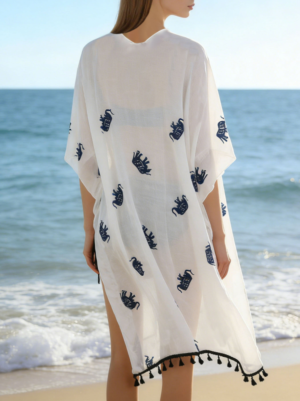 Slobodan plažni cover-up top od rayon materijala, poluprozirni, s resastim donjim rubom i motivom slona, udio pamuka 95–100%, težina 160 g, za žene 16–60, pogodno za plivanje i vodene sportove