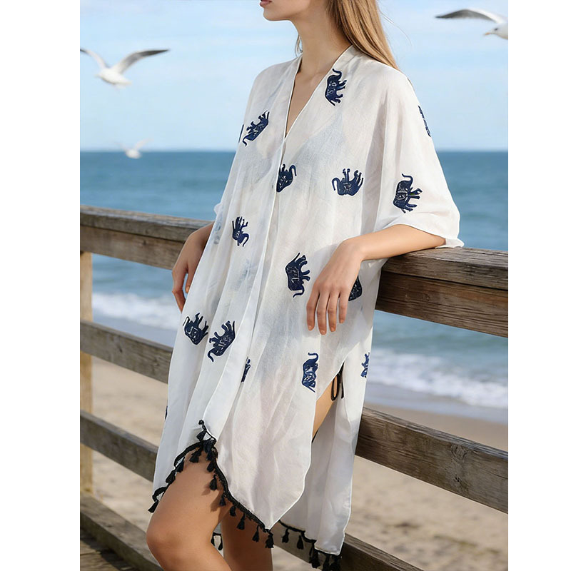 Slobodan plažni cover-up top od rayon materijala, poluprozirni, s resastim donjim rubom i motivom slona, udio pamuka 95–100%, težina 160 g, za žene 16–60, pogodno za plivanje i vodene sportove