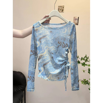 Top din plasă cu protecție solară, guler rotund, poliester/spandex, țesătură subțire, stil elegant feminin