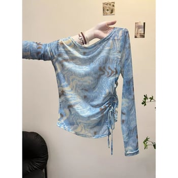 Top din plasă cu protecție solară, guler rotund, poliester/spandex, țesătură subțire, stil elegant feminin