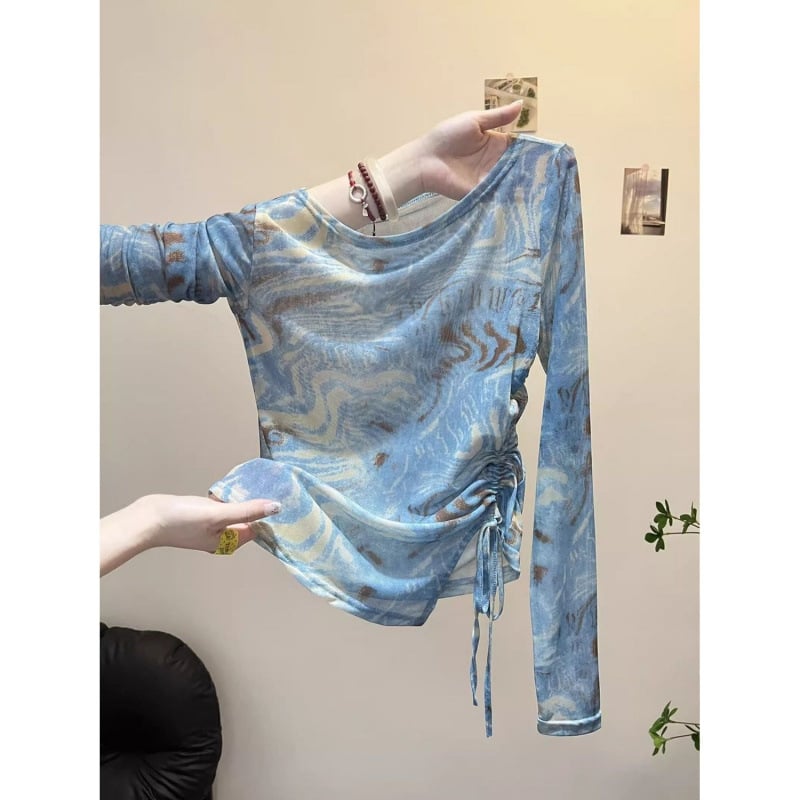 Top din plasă cu protecție solară, guler rotund, poliester/spandex, țesătură subțire, stil elegant feminin