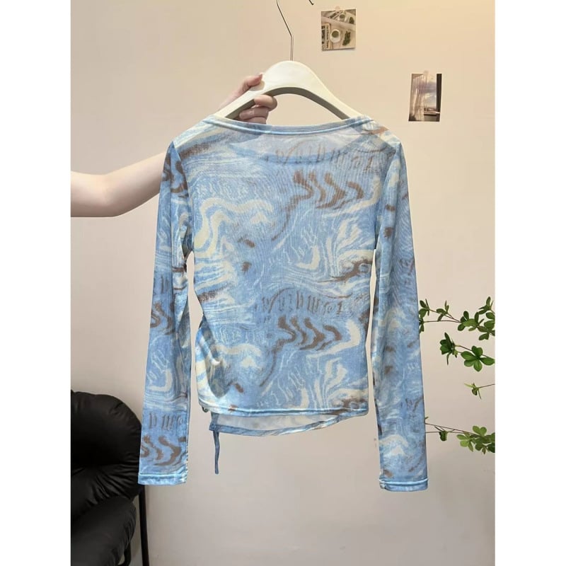 Top din plasă cu protecție solară, guler rotund, poliester/spandex, țesătură subțire, stil elegant feminin