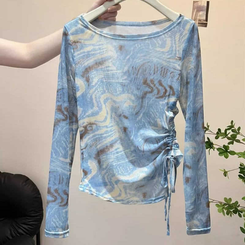 Top din plasă cu protecție solară, guler rotund, poliester/spandex, țesătură subțire, stil elegant feminin