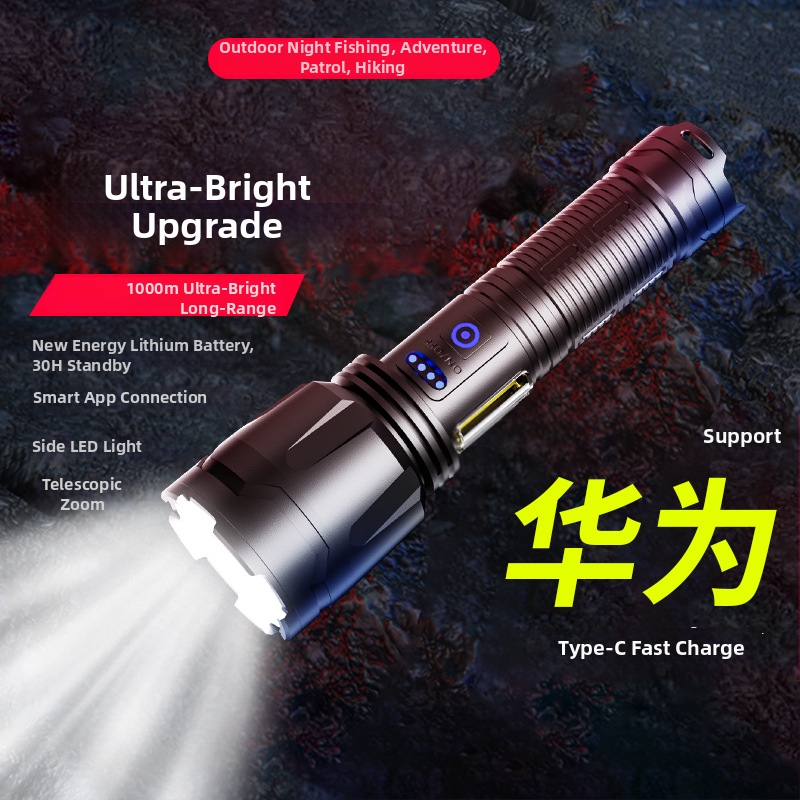 Lanternă LED cu zoom optic, corp din aliaj de aluminiu, baterie Li 26650, reîncărcabilă, sursă de lumină LED, rază peste 500 m