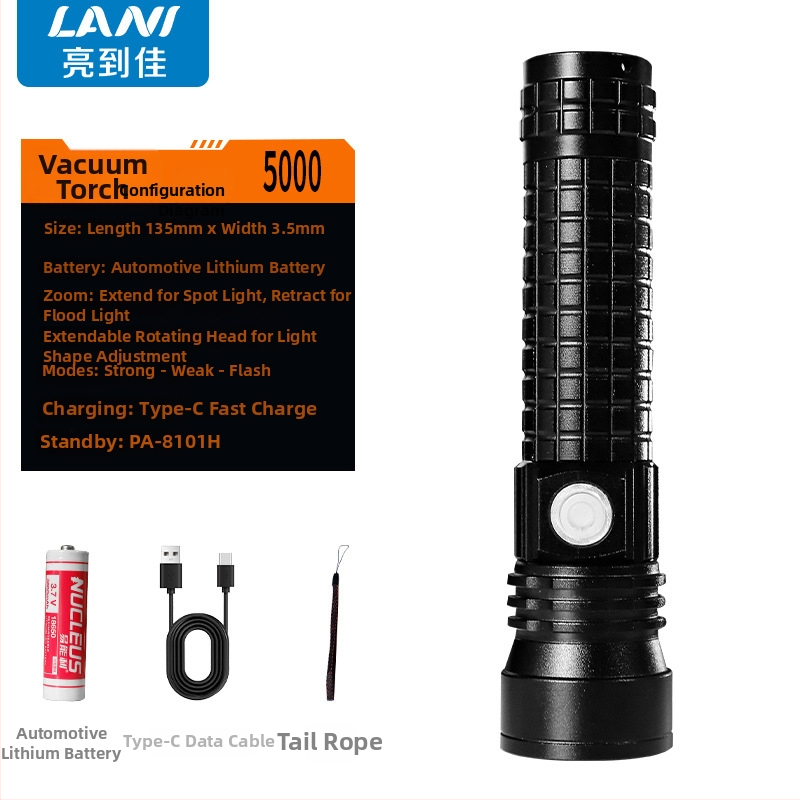 Lanternă LED cu zoom optic, corp din aliaj de aluminiu, baterie Li 26650, reîncărcabilă, sursă de lumină LED, rază peste 500 m