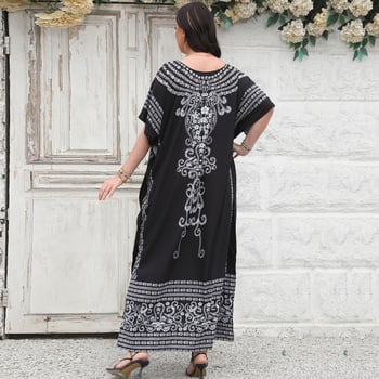 Opuštajuća plazna cover-up haljina s etničkim printom, poliester materijal, podstava 100% poliester, pogodna za plivanje i hodanje po plićaku — model 5D193