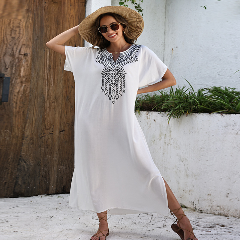 Rayon hímzett strandruha köntös-stílusban, pamut bélés, 206 g/m²