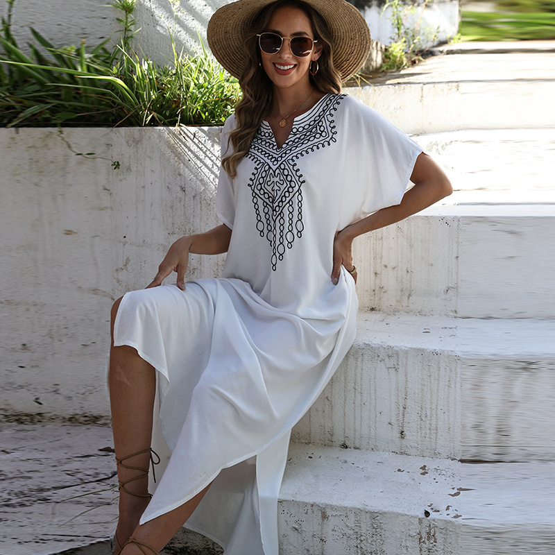 Rayon hímzett strandruha köntös-stílusban, pamut bélés, 206 g/m²