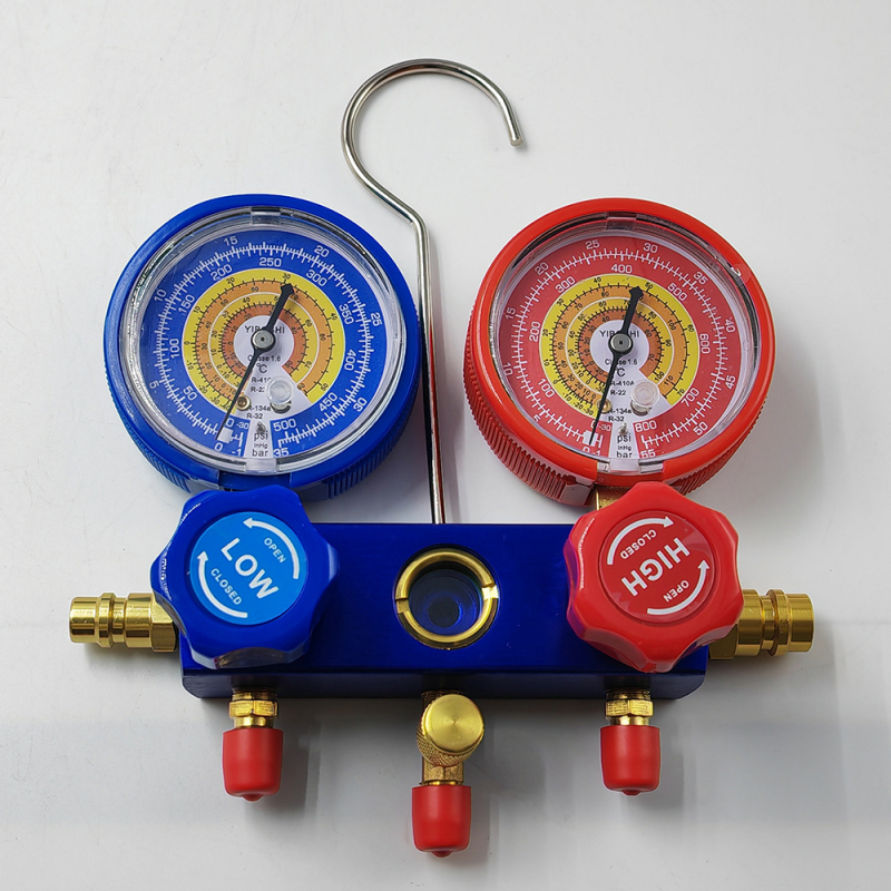 Set pentru climatizare auto cu grup de măsurare a fluorului, manometre duale, conexiune filet, precizie înaltă, Ø70