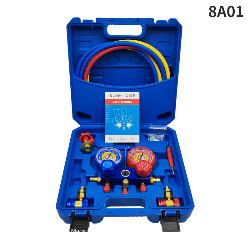 Set pentru climatizare auto cu grup de măsurare a fluorului, manometre duale, conexiune filet, precizie înaltă, Ø70