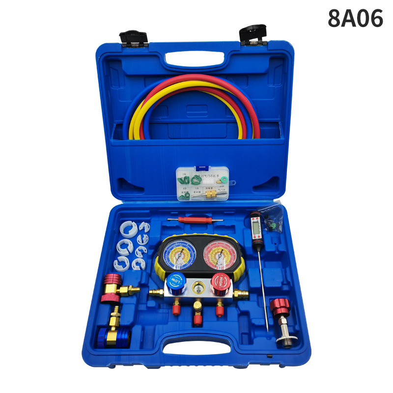 Set pentru climatizare auto cu grup de măsurare a fluorului, manometre duale, conexiune filet, precizie înaltă, Ø70