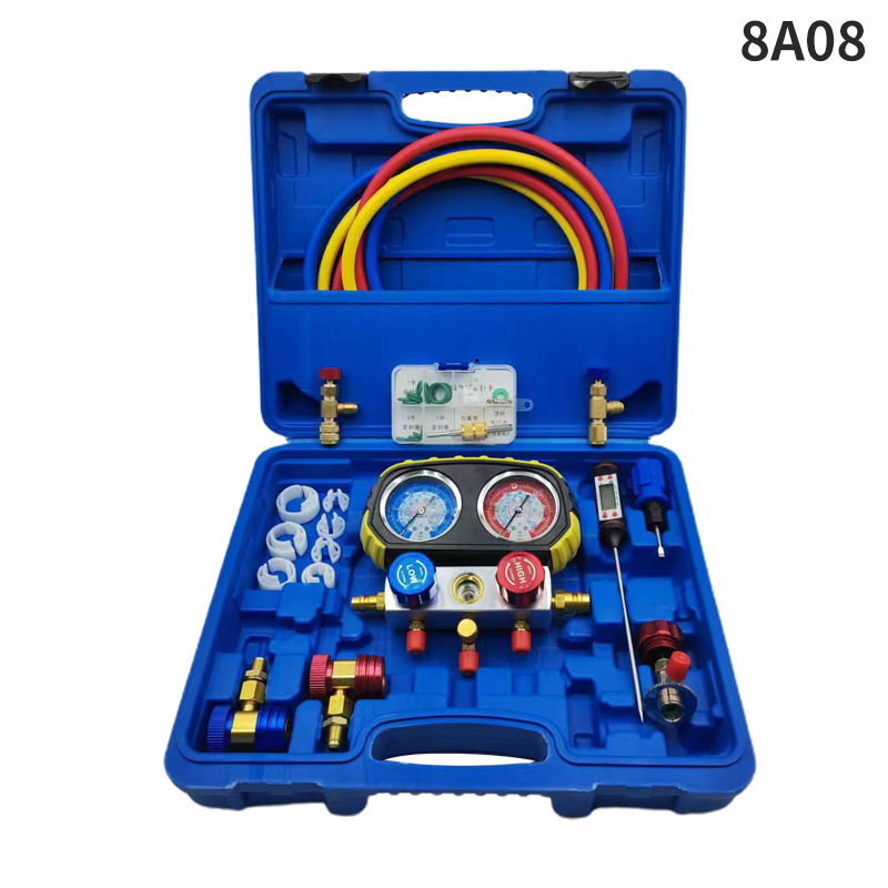 Set pentru climatizare auto cu grup de măsurare a fluorului, manometre duale, conexiune filet, precizie înaltă, Ø70