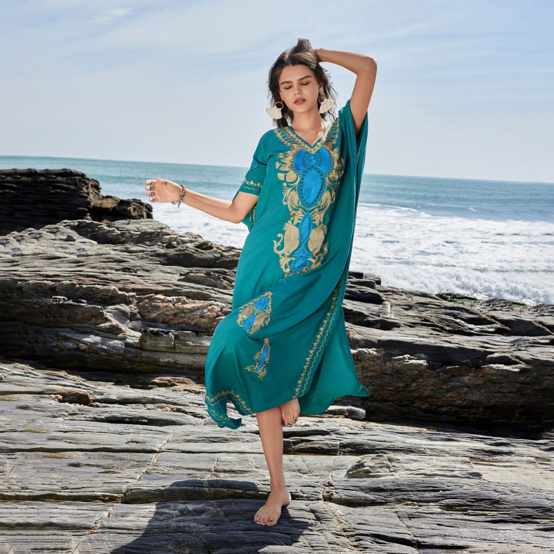 Strandkaftán fedőruha virágos gallérral, pulóver-stílusú bikini-blúz — poliészter anyag, poliészter bélés, 260 g, úszáshoz