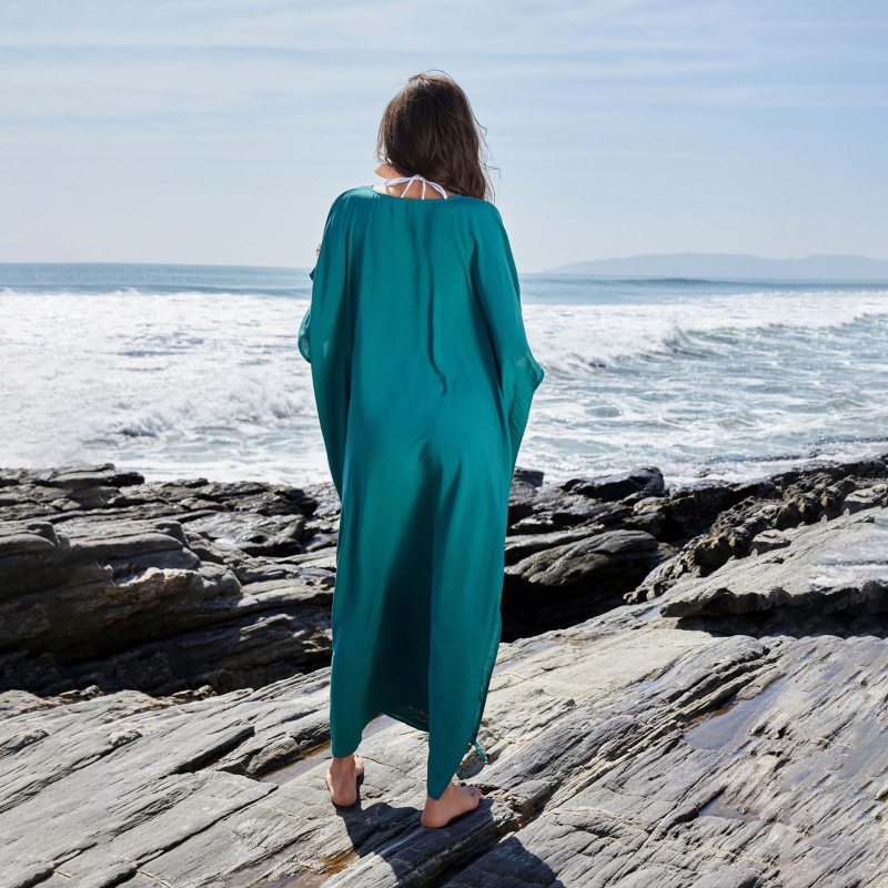 Strandkaftán fedőruha virágos gallérral, pulóver-stílusú bikini-blúz — poliészter anyag, poliészter bélés, 260 g, úszáshoz