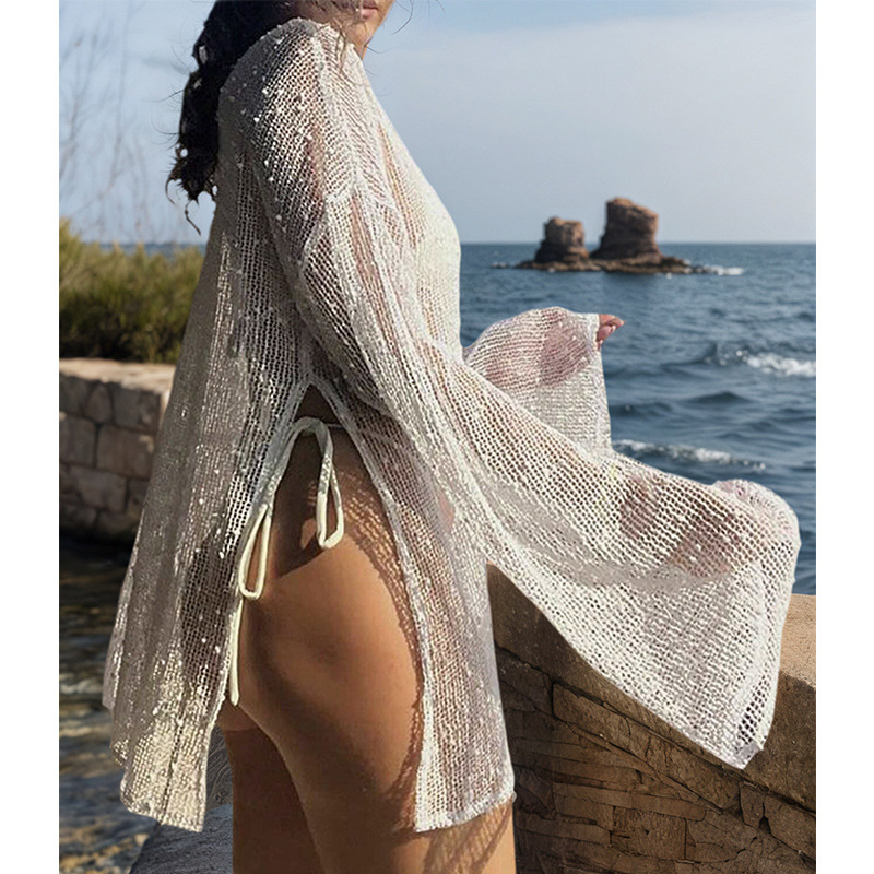 Slobodno pleteno bikini cover-up sa bočnim otvorom, prozirno, 100% poliester, podstava 100% poliester, 138 g/m²