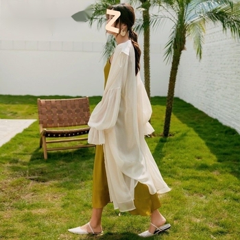 Női chiffon kardigán kabát polo gallérral, hosszú ujjú, gombos dizájn, 95% poliészter