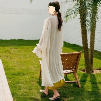 Női chiffon kardigán kabát polo gallérral, hosszú ujjú, gombos dizájn, 95% poliészter