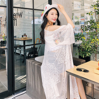 Bohem csipkés kardigán hímzett virágokkal, 3/4-es ujjú, félnyitott gallér, pamut csipke, hosszú fazon