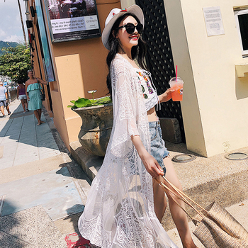 Bohem csipkés kardigán hímzett virágokkal, 3/4-es ujjú, félnyitott gallér, pamut csipke, hosszú fazon