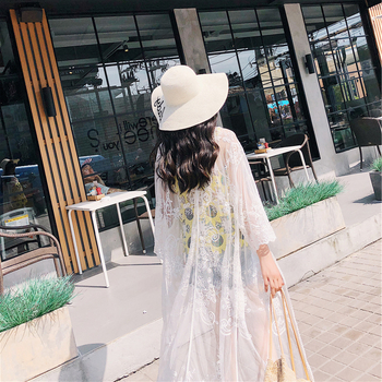 Bohem csipkés kardigán hímzett virágokkal, 3/4-es ujjú, félnyitott gallér, pamut csipke, hosszú fazon