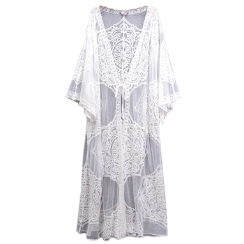 Bohem csipkés kardigán hímzett virágokkal, 3/4-es ujjú, félnyitott gallér, pamut csipke, hosszú fazon