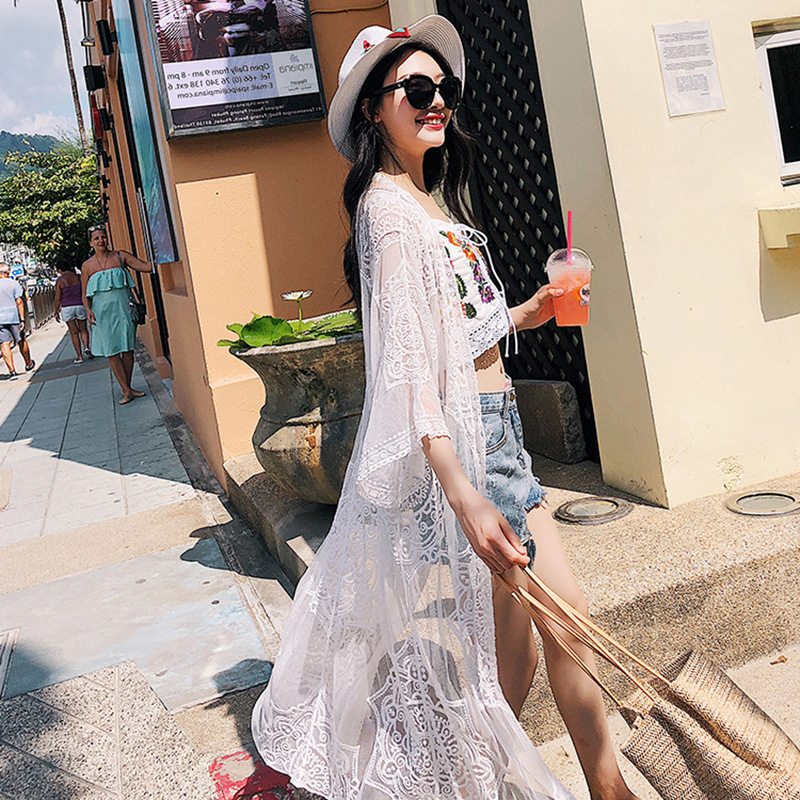 Bohem csipkés kardigán hímzett virágokkal, 3/4-es ujjú, félnyitott gallér, pamut csipke, hosszú fazon