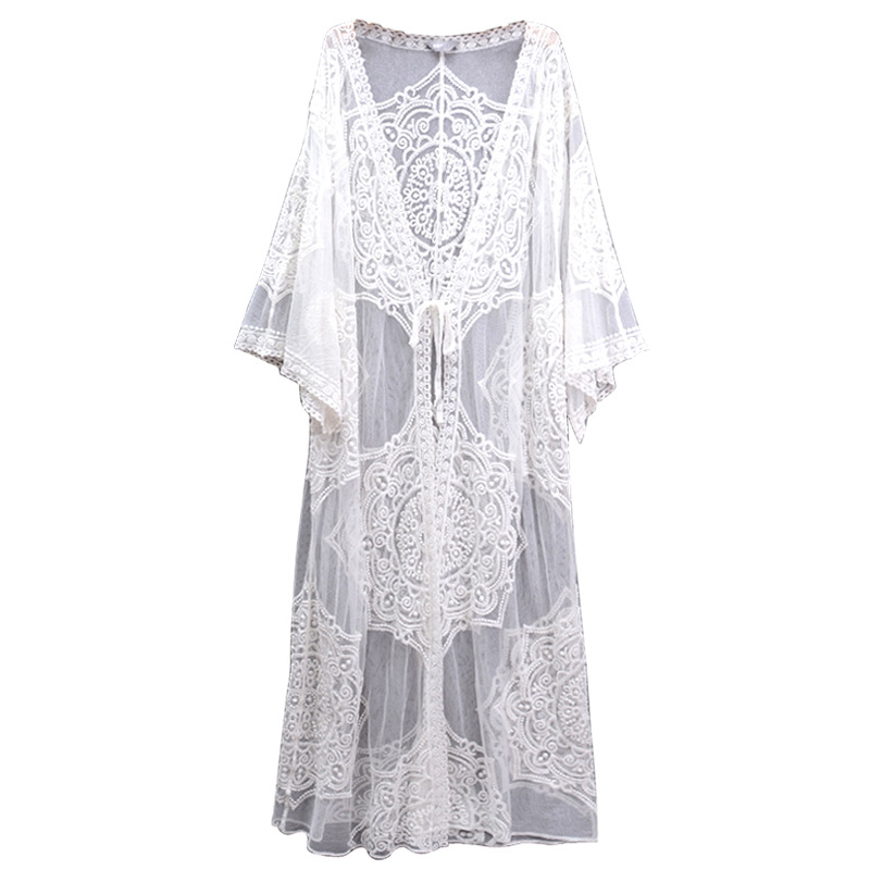 Bohem csipkés kardigán hímzett virágokkal, 3/4-es ujjú, félnyitott gallér, pamut csipke, hosszú fazon