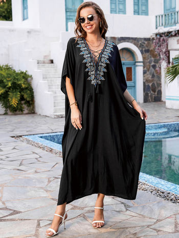 Sugarlotus Haljina za plažu s izšivanjem i dubokim V izrezom, materijal rayon, podstava pamuk, 270 g