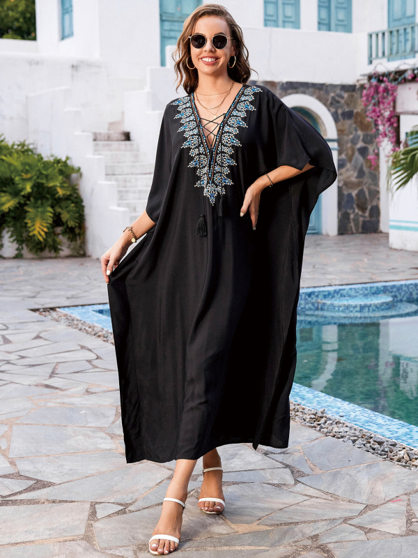 Sugarlotus Haljina za plažu s izšivanjem i dubokim V izrezom, materijal rayon, podstava pamuk, 270 g