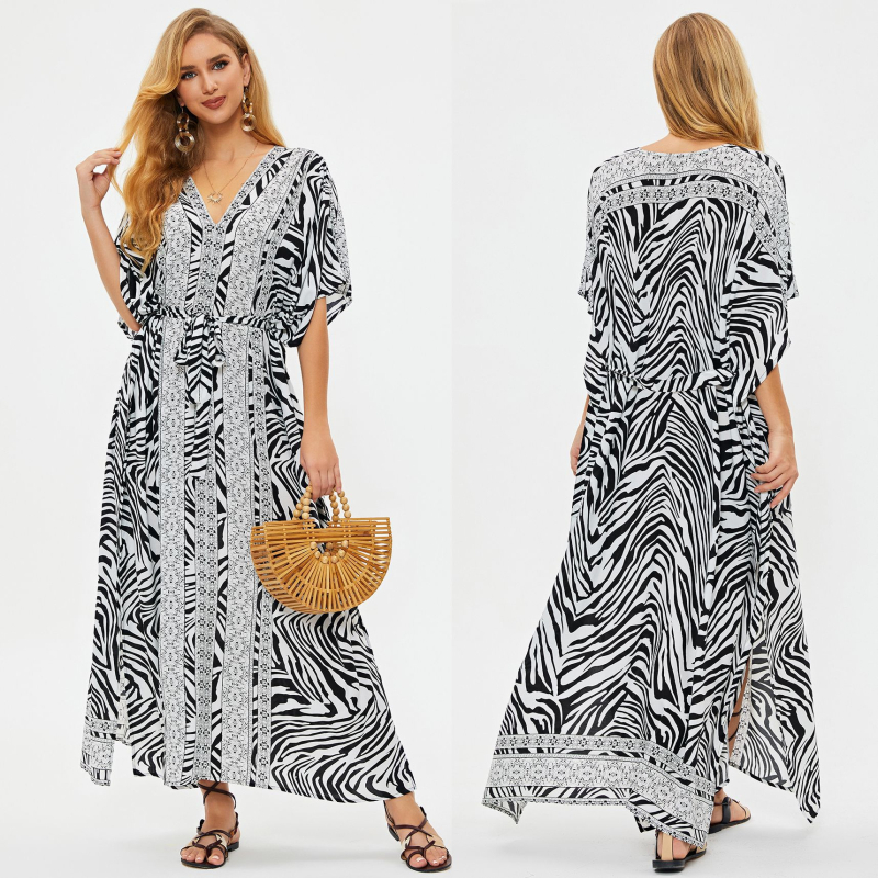 Plažni cover-up haljina s remenom i otisom; vanjski materijal: rayon; sastav materijala: 100% pamuk; podstava: pamuk 91%; težina 300 g